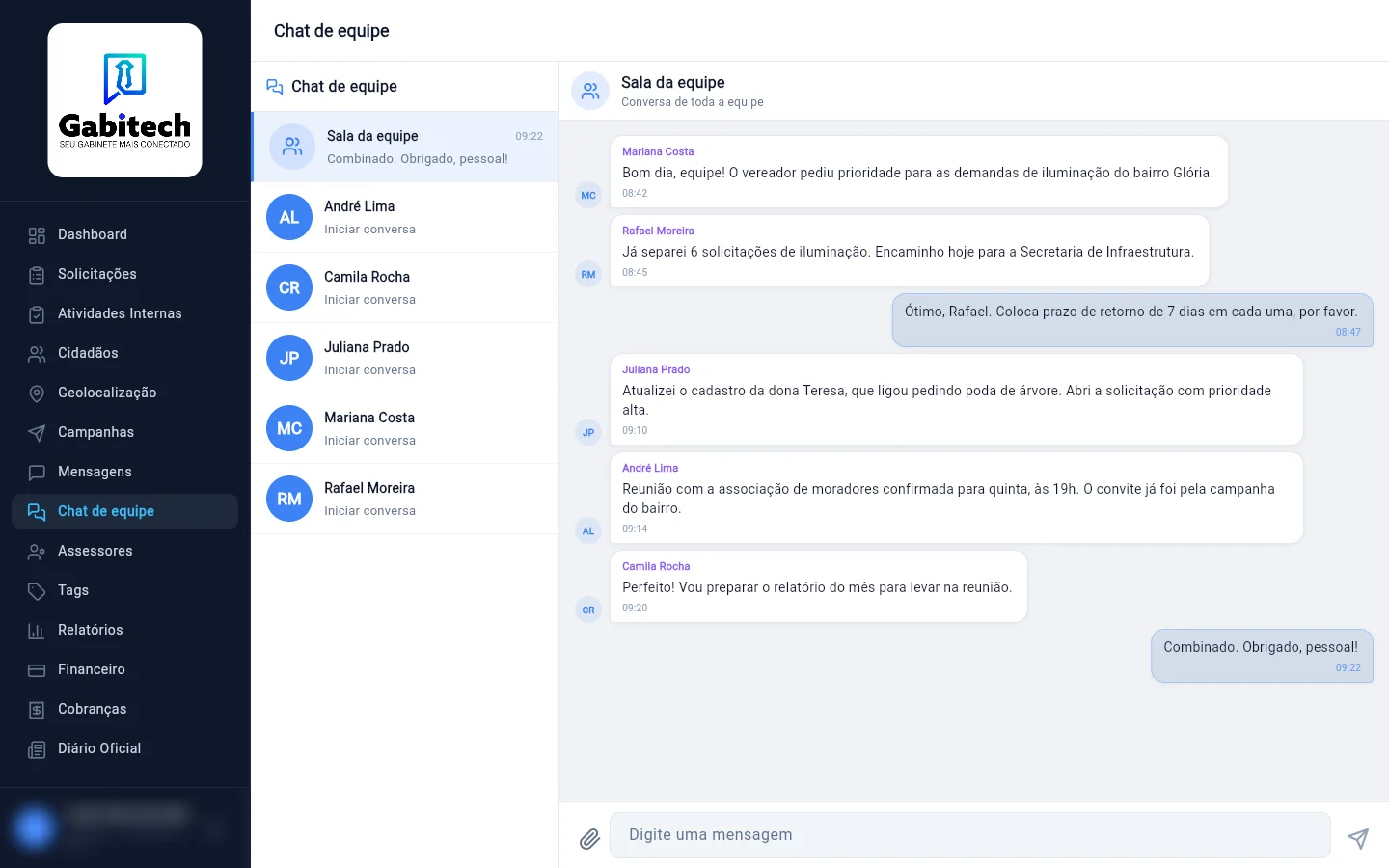 Chat de equipe do Gabitech com assessores combinando demandas na sala da equipe