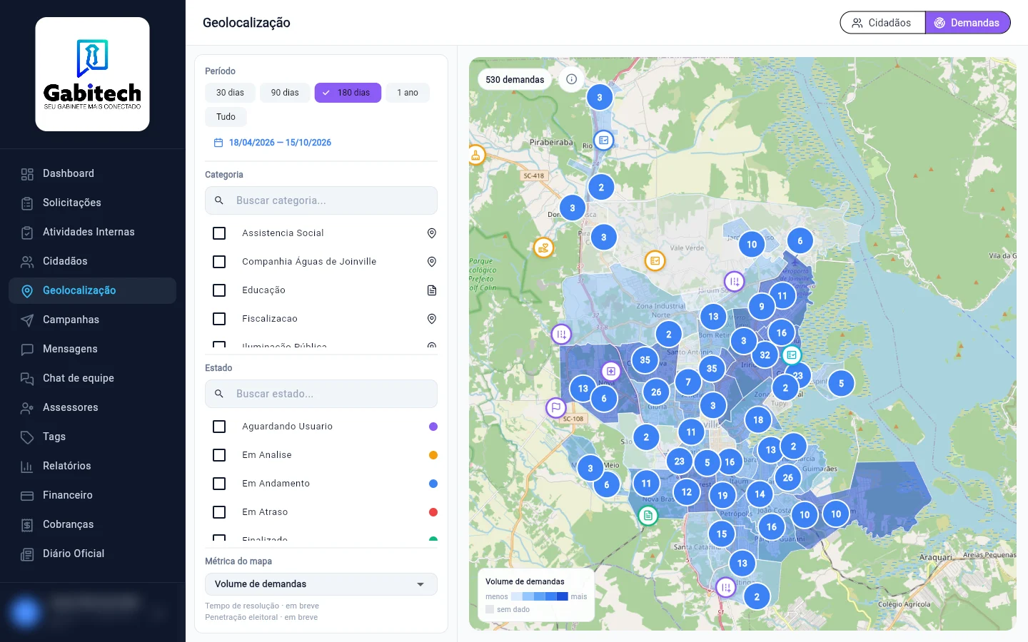 Mapa de geolocalização do Gabitech com o volume de demandas por bairro de Joinville e filtros de período, categoria e estado